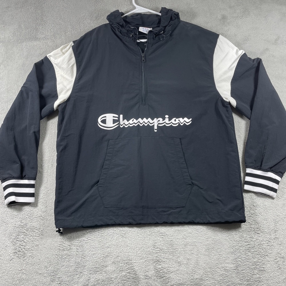 Champion Jacket Men Black Large Pullover 1/4 Zip Hooded Spell Out Vented